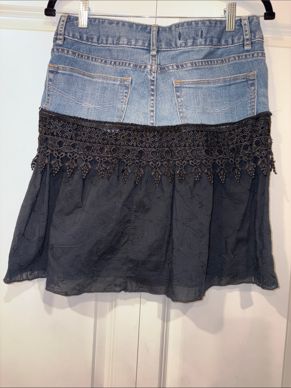 Upcyled GAP Denim & Black Crochet Tiered Mini Skirt Size 4 - Picture 10 of 13